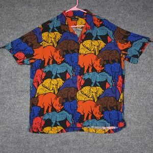 Tasso‎ Elba Mens XL Colorful Rhino Print Short Sleeve Silk Rayon Button Down